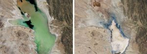 Bildvergleich: Lago Poopó im April 2013 (links) und im Januar 2016 (rechts) 