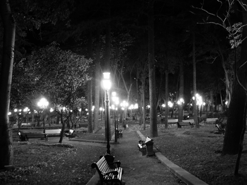 Ein Park der Nachts taghell erleuchtet wird.......