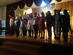 Students playing a play about east and west GER