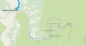 Der Rote Punkt markiert den Bahnhof Hydroelectirca. Die orange Strecke sind wir dann entlang gelaufen. Einmal um Machu Pichu. Die Gelbe Strecke ist der Weg den man mit dem überteuertem Zug aus Cusco nehmen würde.