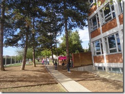 Pausenhof mit Rindenmulch; für Kinder ervorragend zum Werfen geeignet